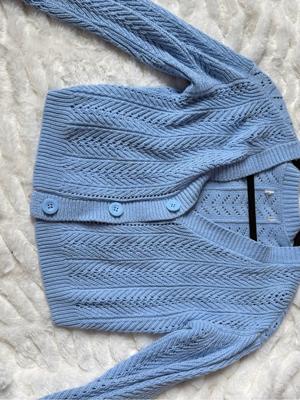 Light Blue Openwork Knit Button-Front Cardigan - Picture 3 of 3